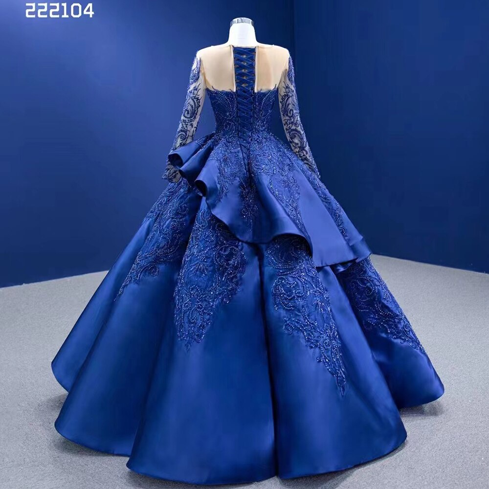 Serene Hill Blue Long Ssleeves Beaded Lace Lace Up Ball Gown Bride Gowns Wedding Dress High End Custom Made 2025 HM222104 - SERENE HILL