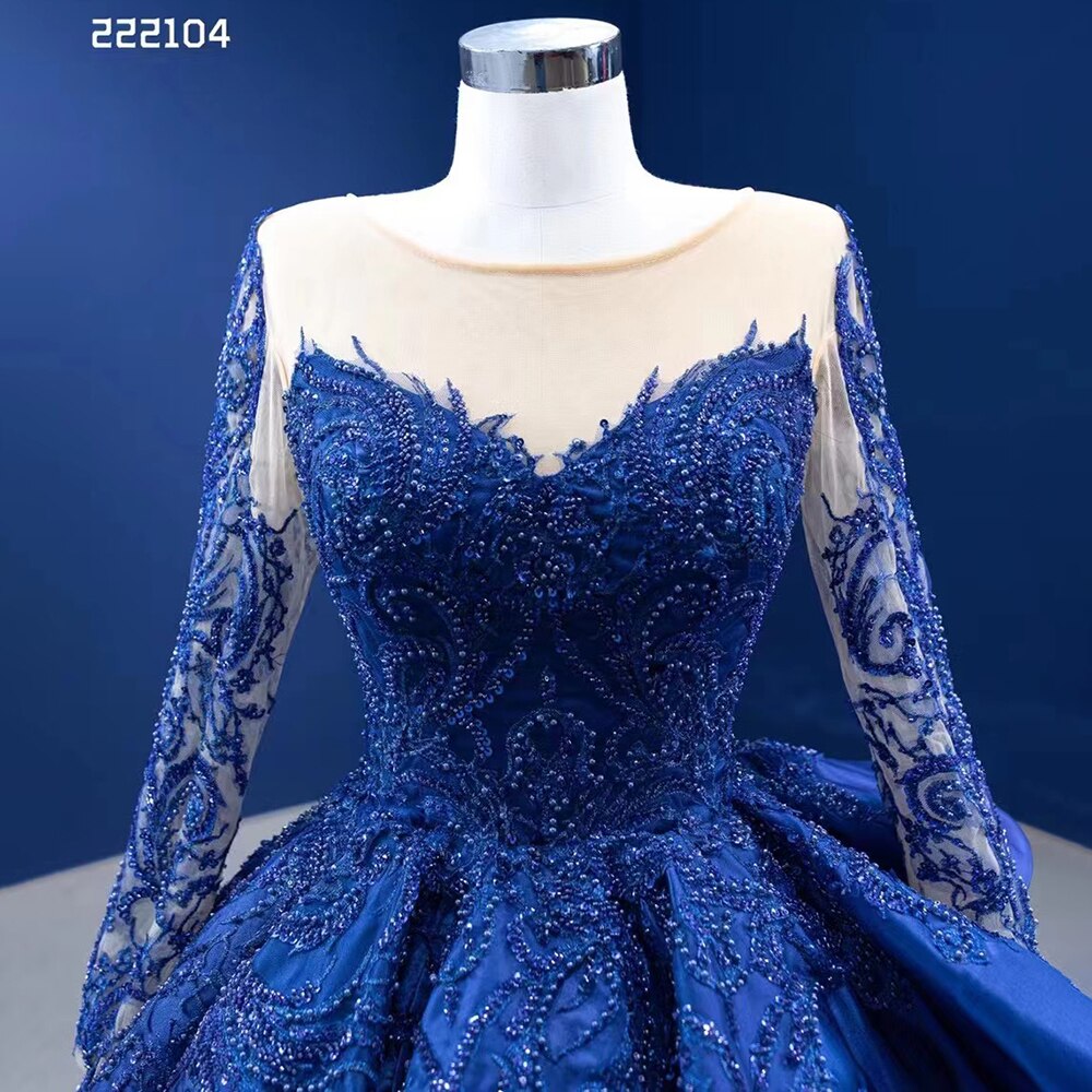Serene Hill Blue Long Ssleeves Beaded Lace Lace Up Ball Gown Bride Gowns Wedding Dress High End Custom Made 2025 HM222104 - SERENE HILL