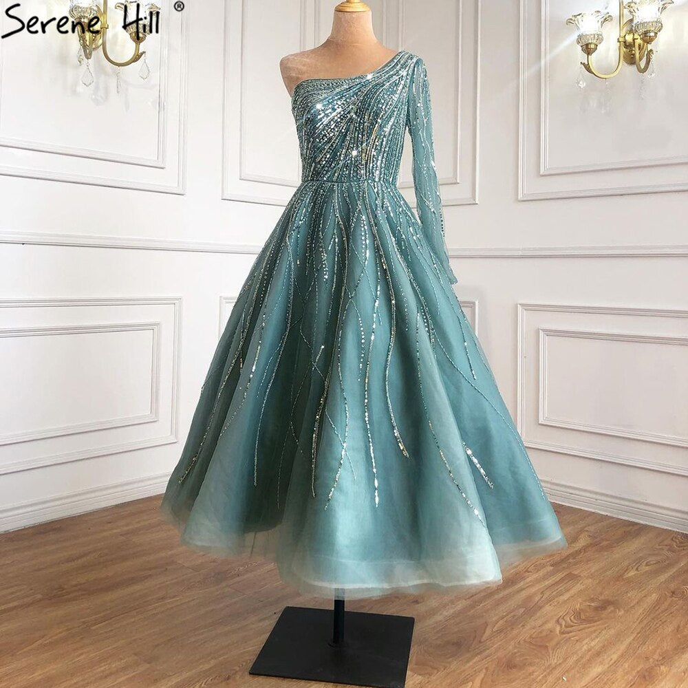 Serene Hill Blue Luxury Ankle Length Evening Dresses Gowns 2021 One Shoulder Beading Sexy For Woman Party LA71021 - SERENE HILL