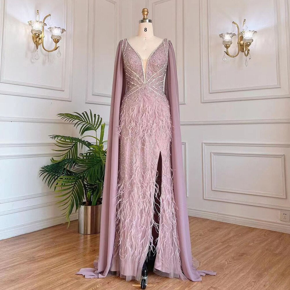 Serene Hill Blue Mermaid Elegant Cape Sleeves Luxury Beaded Feather Evening Dresses Gowns 2025 For Women Party LA71583A - SERENE HILL