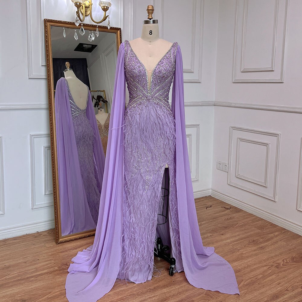 Serene Hill Blue Mermaid Elegant Cape Sleeves Luxury Beaded Feather Evening Dresses Gowns 2025 For Women Party LA71583A - SERENE HILL
