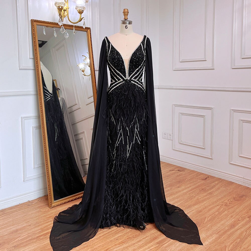 Serene Hill Blue Mermaid Elegant Cape Sleeves Luxury Beaded Feather Evening Dresses Gowns 2025 For Women Party LA71583A - SERENE HILL