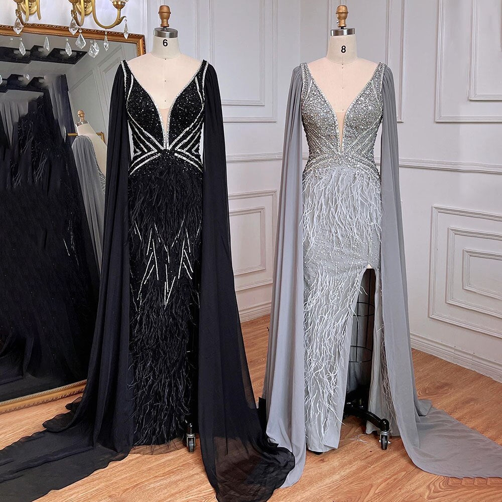 Serene Hill Blue Mermaid Elegant Cape Sleeves Luxury Beaded Feather Evening Dresses Gowns 2025 For Women Party LA71583A - SERENE HILL