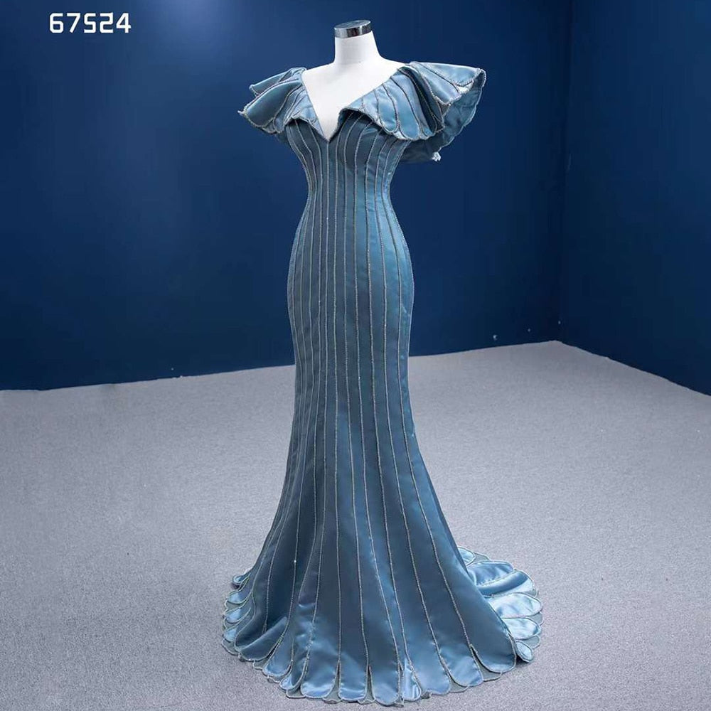 Serene Hill Blue Mermaid Elegant V Neck Luxury Beaded Evening Dresses Gowns For Women Party 2025 High End Custom Made HM67524 - SERENE HILL