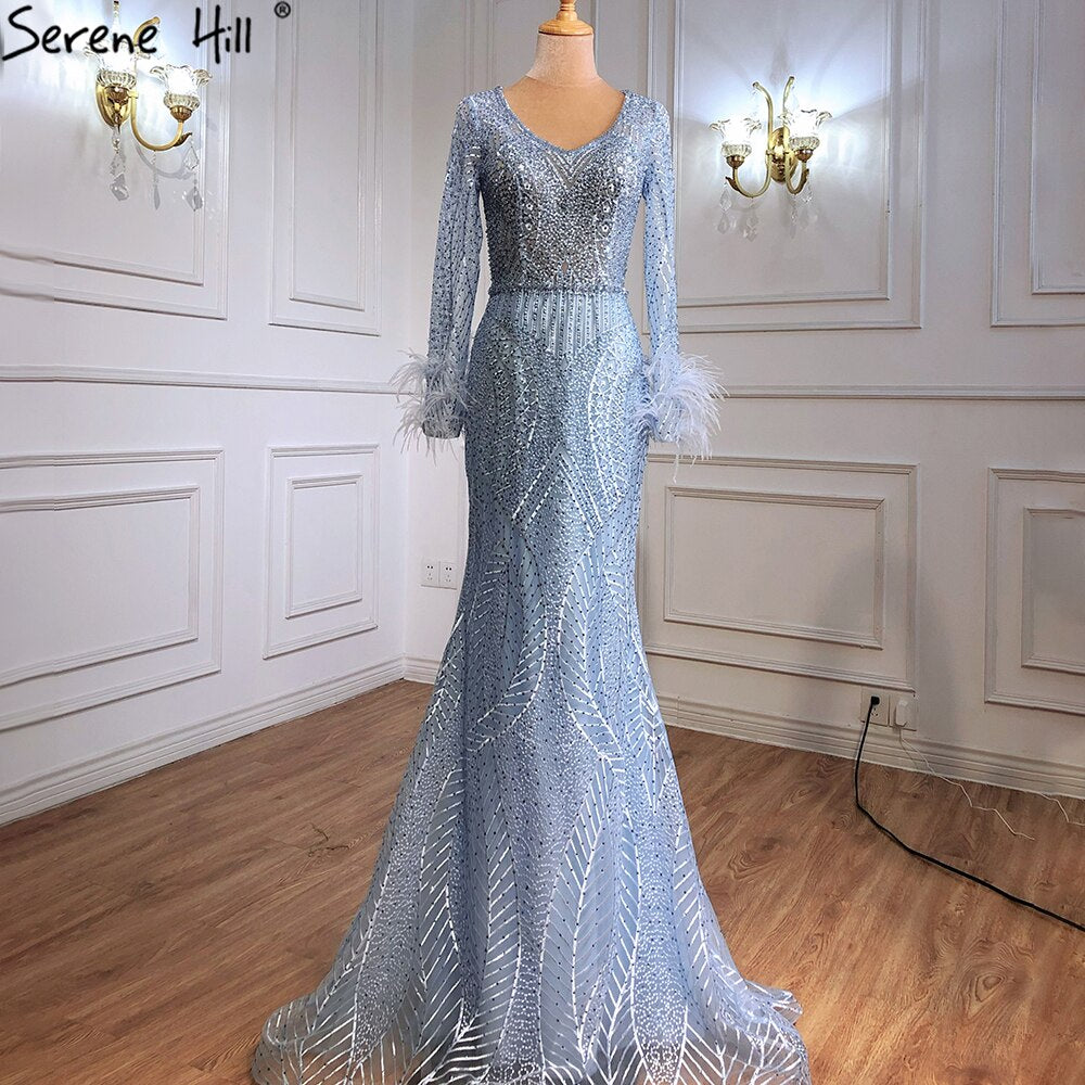 Serene Hill Blue Mermaid Luxury Evening Dresses Gowns Feather Beading Luxury Elegant For Women Party Plus Size 2025 LA70968 - SERENE HILL