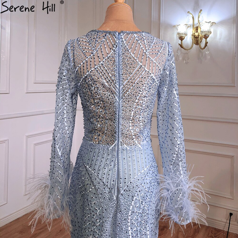 Serene Hill Blue Mermaid Luxury Evening Dresses Gowns Feather Beading Luxury Elegant For Women Party Plus Size 2025 LA70968 - SERENE HILL