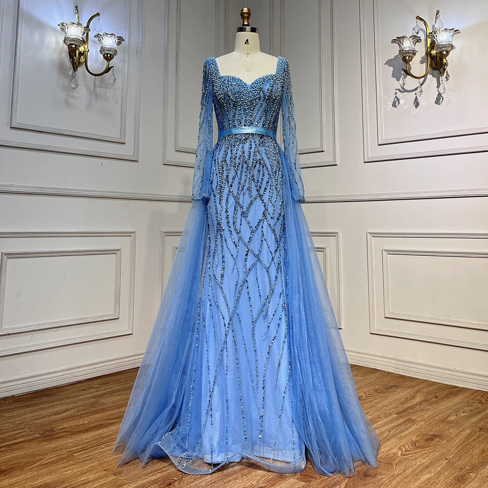 Serene Hill Blue Mermaid Luxury Pearls Beaded Arabic Elegant Evening Dresses Gowns For Woman Wedding Party LA71861 - SERENE HILL