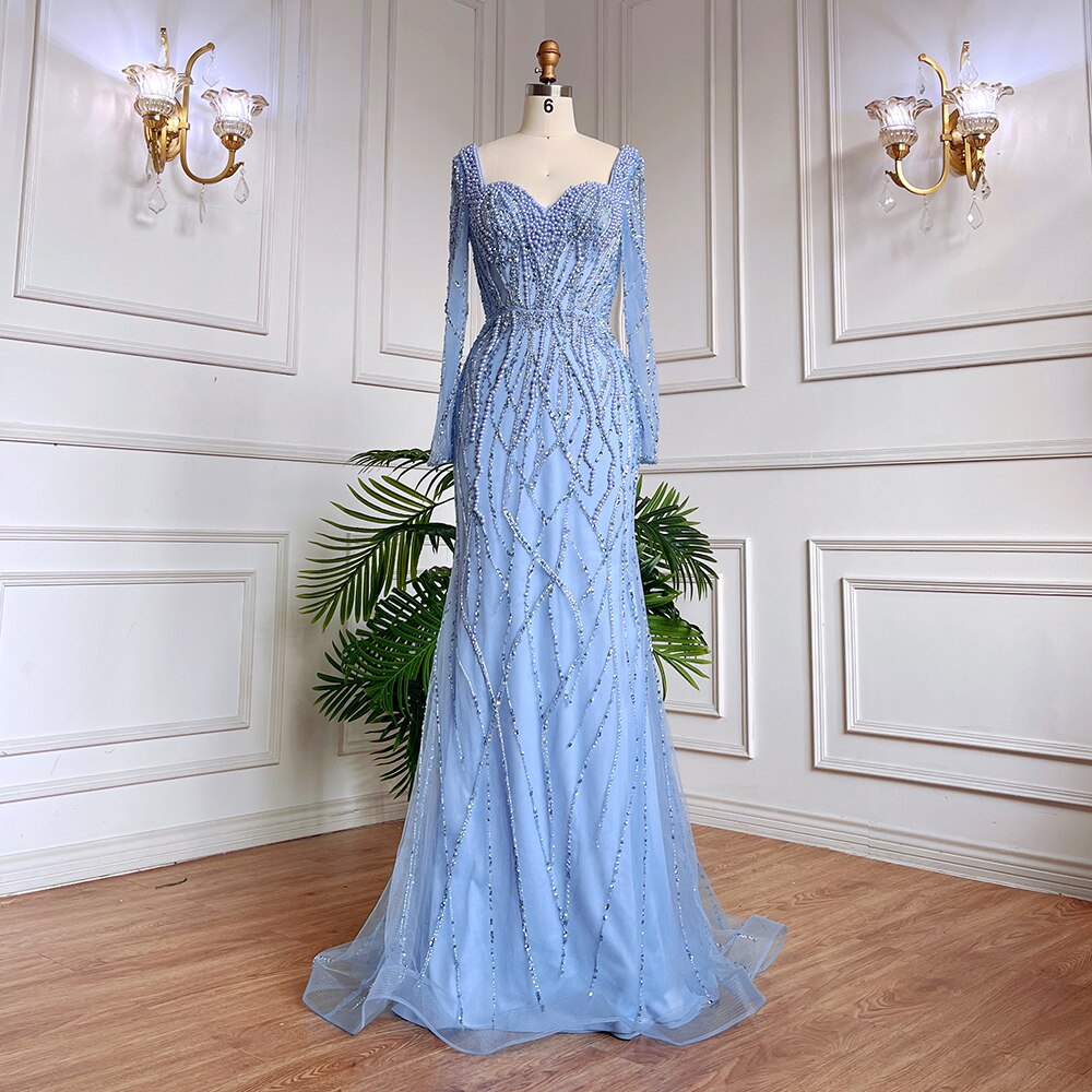 Serene Hill Blue Mermaid Luxury Pearls Beaded Arabic Elegant Evening Dresses Gowns For Woman Wedding Party LA71861 - SERENE HILL