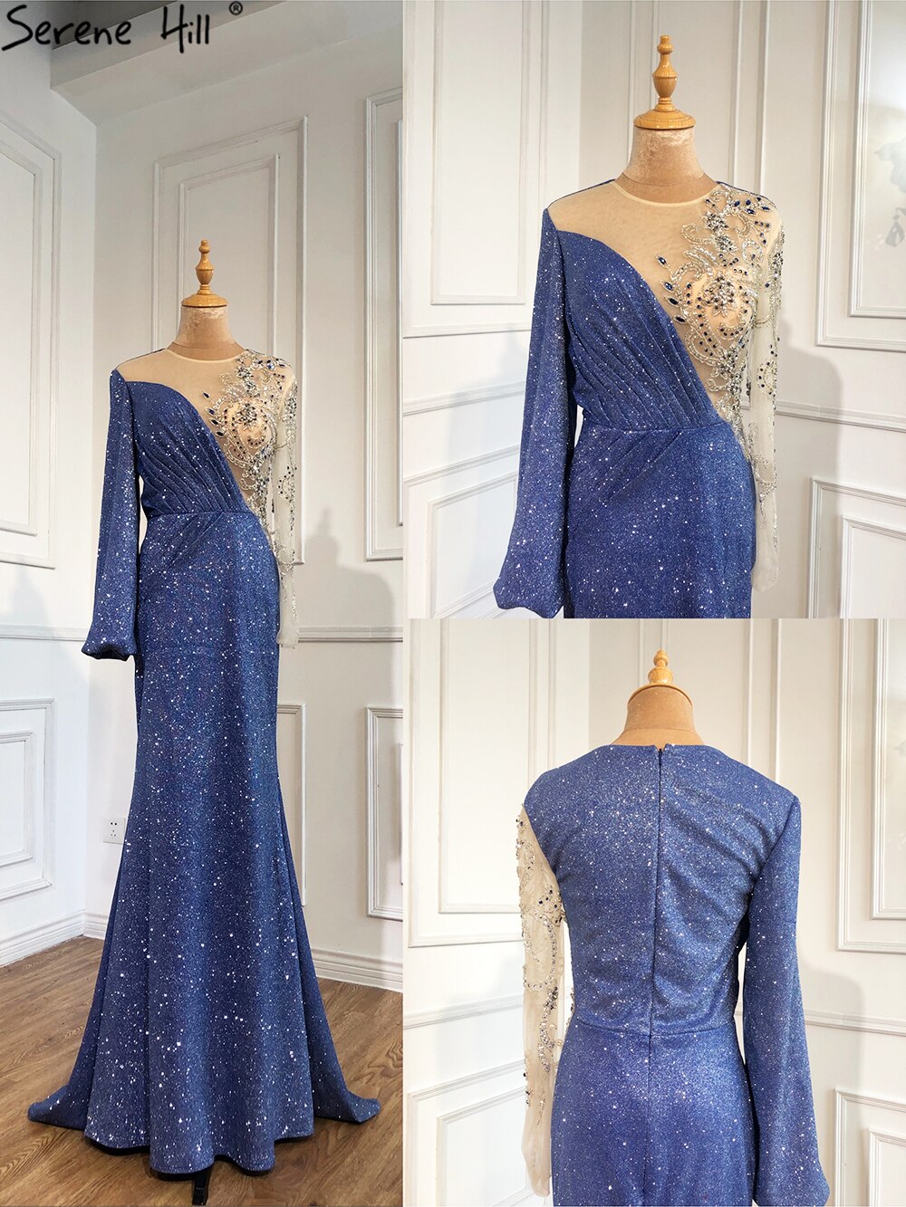 Serene Hill Blue Mermaid O-Neck Evening Gowns 2025 Dubai Long Sleeves Beading Sparkle Formal Dress LA70759 - SERENE HILL