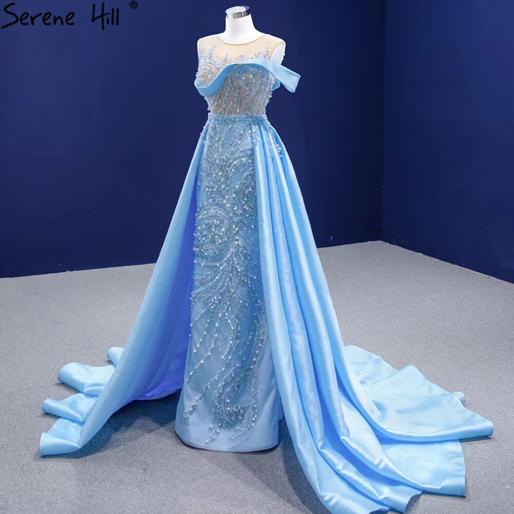 Serene Hill Blue Mermaid Overskirt Evening Dresses Gowns 2025 Beaded Elegant Luxury Satin For Women Party HM67366 - SERENE HILL