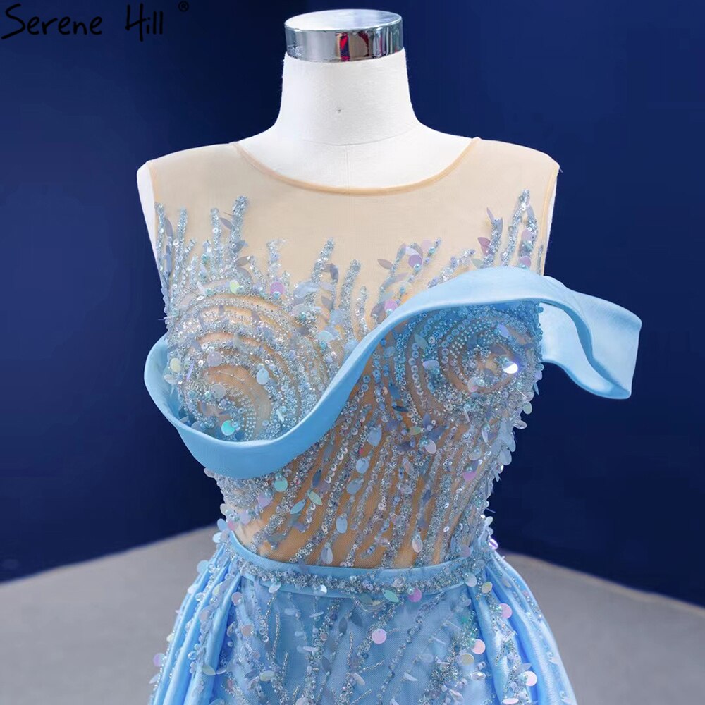 Serene Hill Blue Mermaid Overskirt Evening Dresses Gowns 2025 Beaded Elegant Luxury Satin For Women Party HM67366 - SERENE HILL