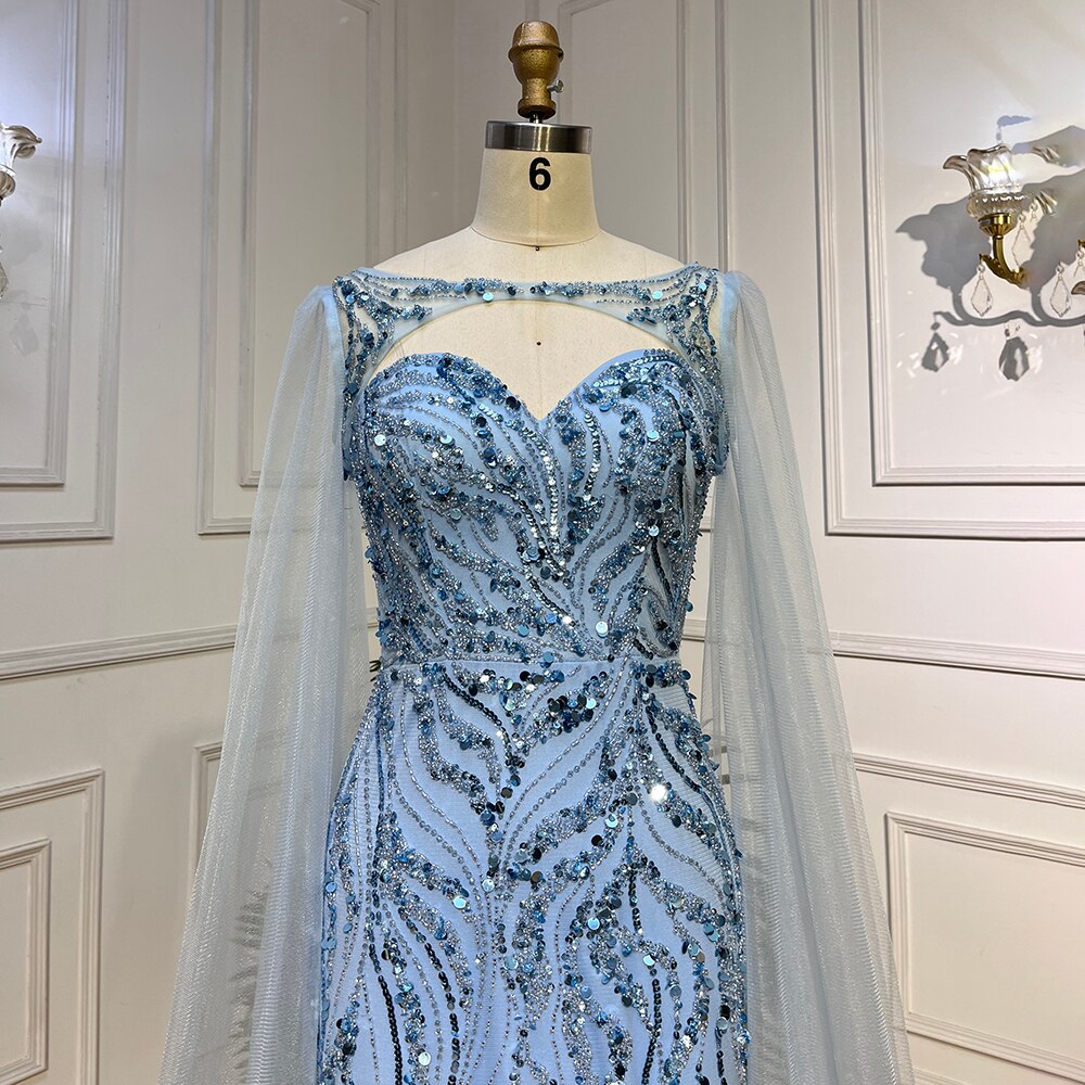 Serene Hill Blue Mermaid Sexy Long Cape Sleeves Evening Dresses High Slipt Gowns Luxury Beaded 2025 For Women Party LA72015 - SERENE HILL