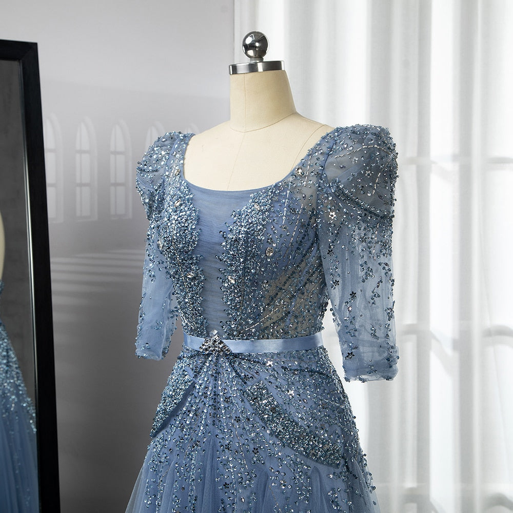 Serene Hill Blue Midi Evening Dress 2025 Luxury Dubai Muslim Ankle Length Arabic Short Wedding Formal Party Gown LA71631A - SERENE HILL