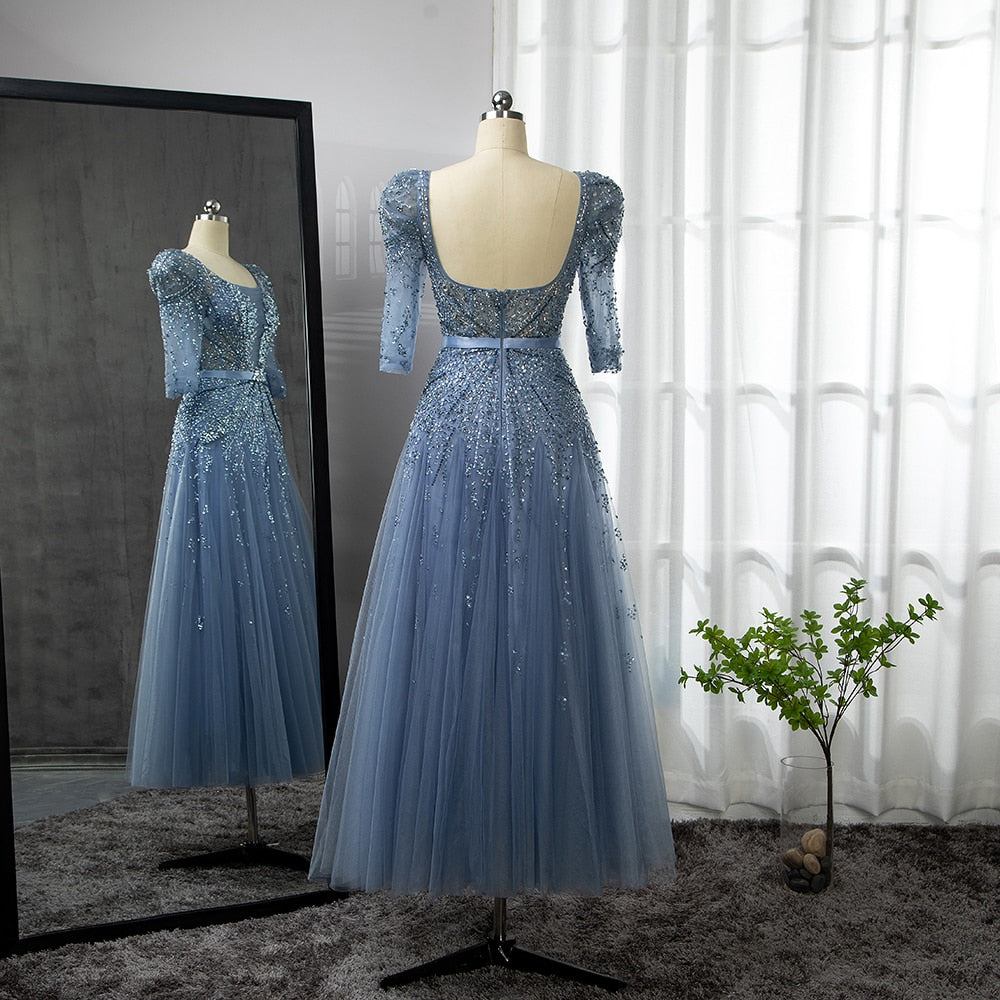 Serene Hill Blue Midi Evening Dress 2025 Luxury Dubai Muslim Ankle Length Arabic Short Wedding Formal Party Gown LA71631A - SERENE HILL