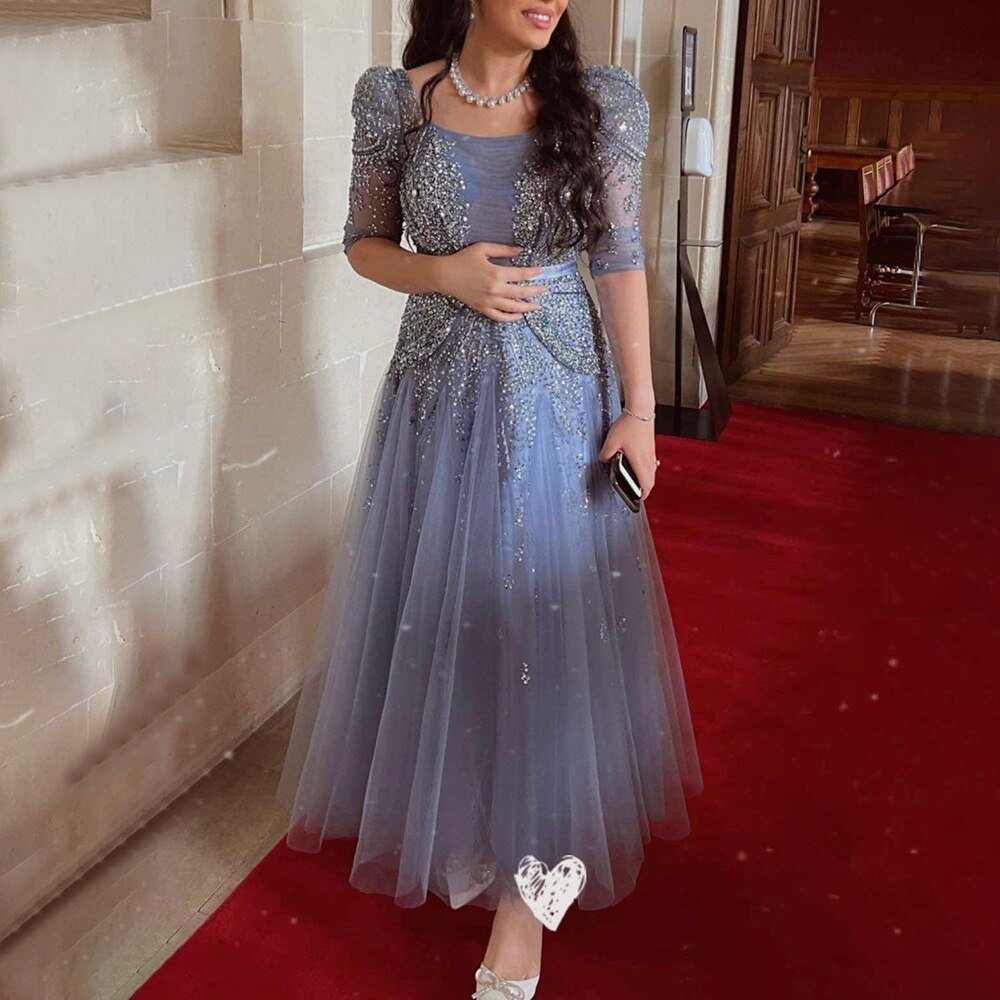 Serene Hill Blue Midi Evening Dress 2025 Luxury Dubai Muslim Ankle Length Arabic Short Wedding Formal Party Gown LA71631A - SERENE HILL