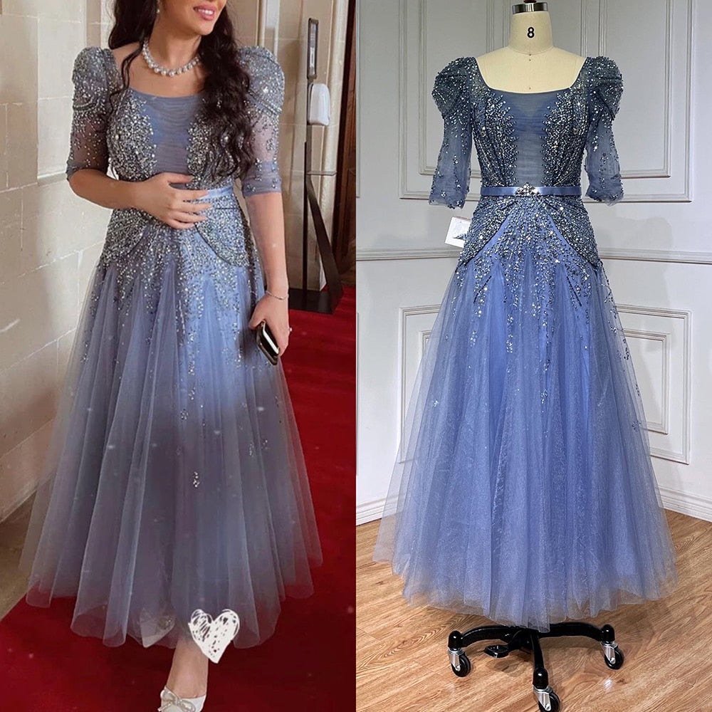 Serene Hill Blue Midi Evening Dress 2025 Luxury Dubai Muslim Ankle Length Arabic Short Wedding Formal Party Gown LA71631A - SERENE HILL
