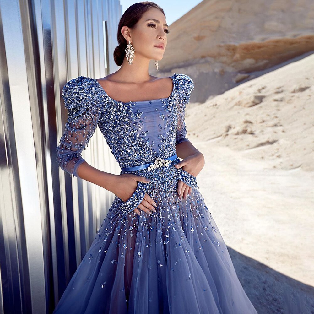 Serene Hill Blue Midi Evening Dress 2025 Luxury Dubai Muslim Ankle Length Arabic Short Wedding Formal Party Gown LA71631A - SERENE HILL