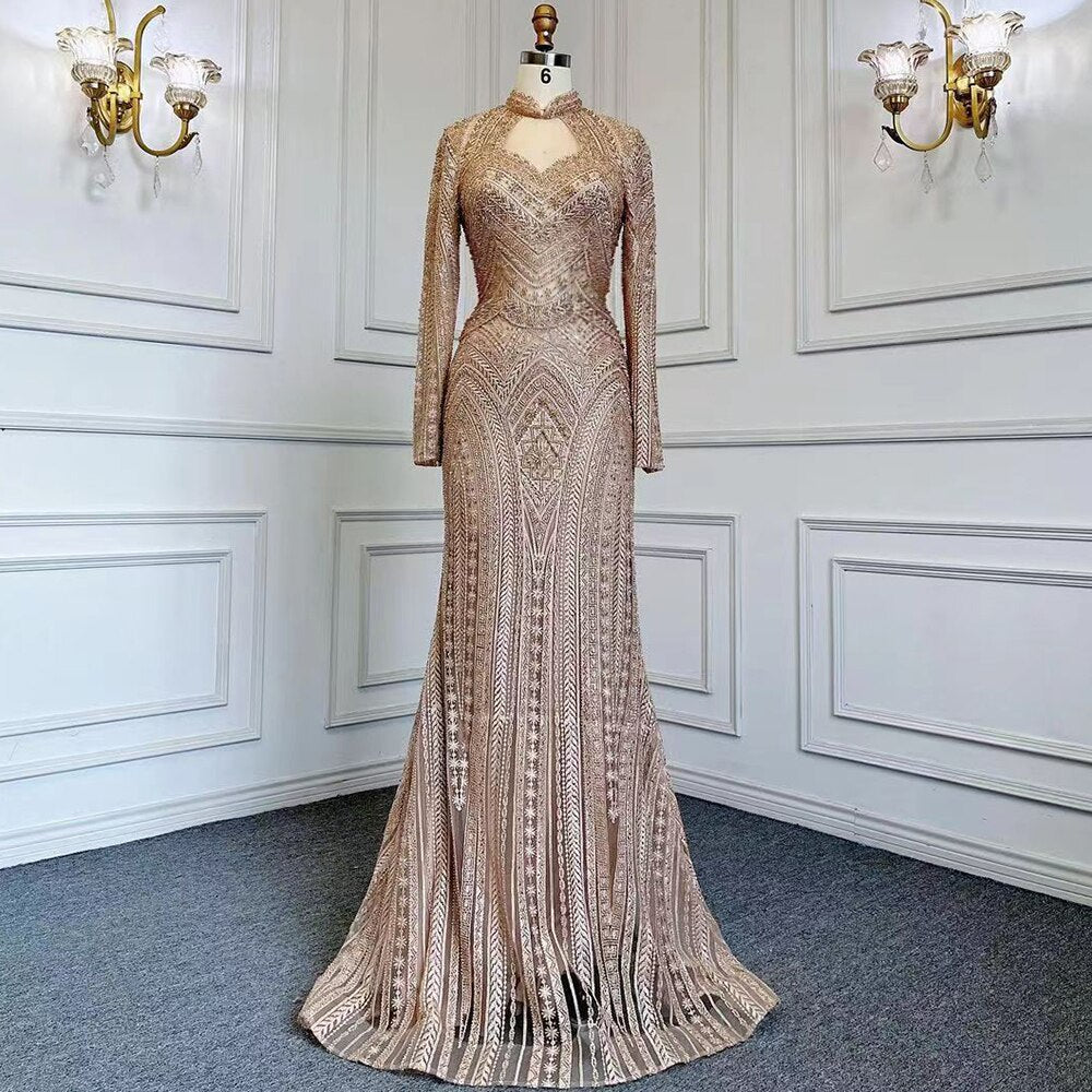 Serene Hill Blue Muslim Mermaid Elegant High Neck Evening Dresses Gowns Luxury Beaded 2025 For Women Party LA71742 - SERENE HILL