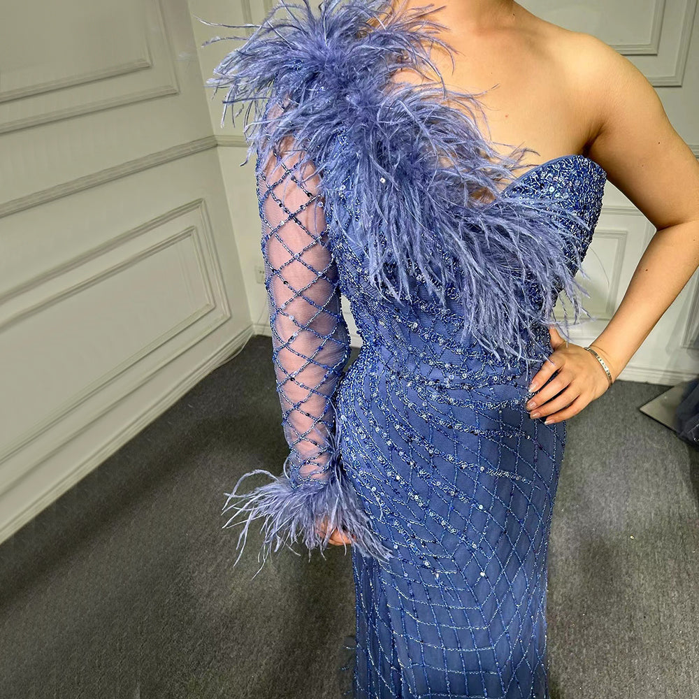 Serene Hill Blue One Shoulder Mermaid Evening Dresses Gowns 2025 Beaded Feather Elegant Luxury For Women Party LA71612 - SERENE HILL