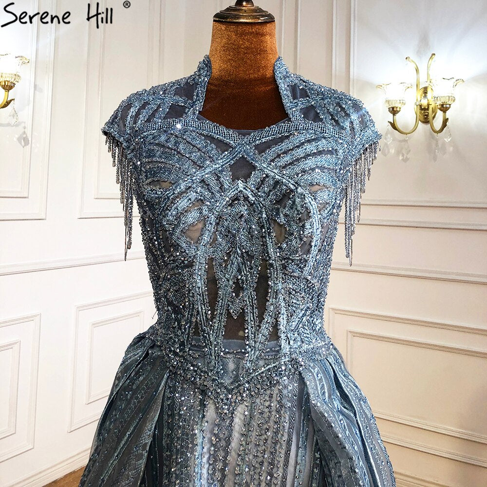 Serene Hill Blue Plus size Lace Beaded Luxury A-Line Evening Dresses Gowns 2025 Tassel Sexy For Women Party LA70969 - SERENE HILL