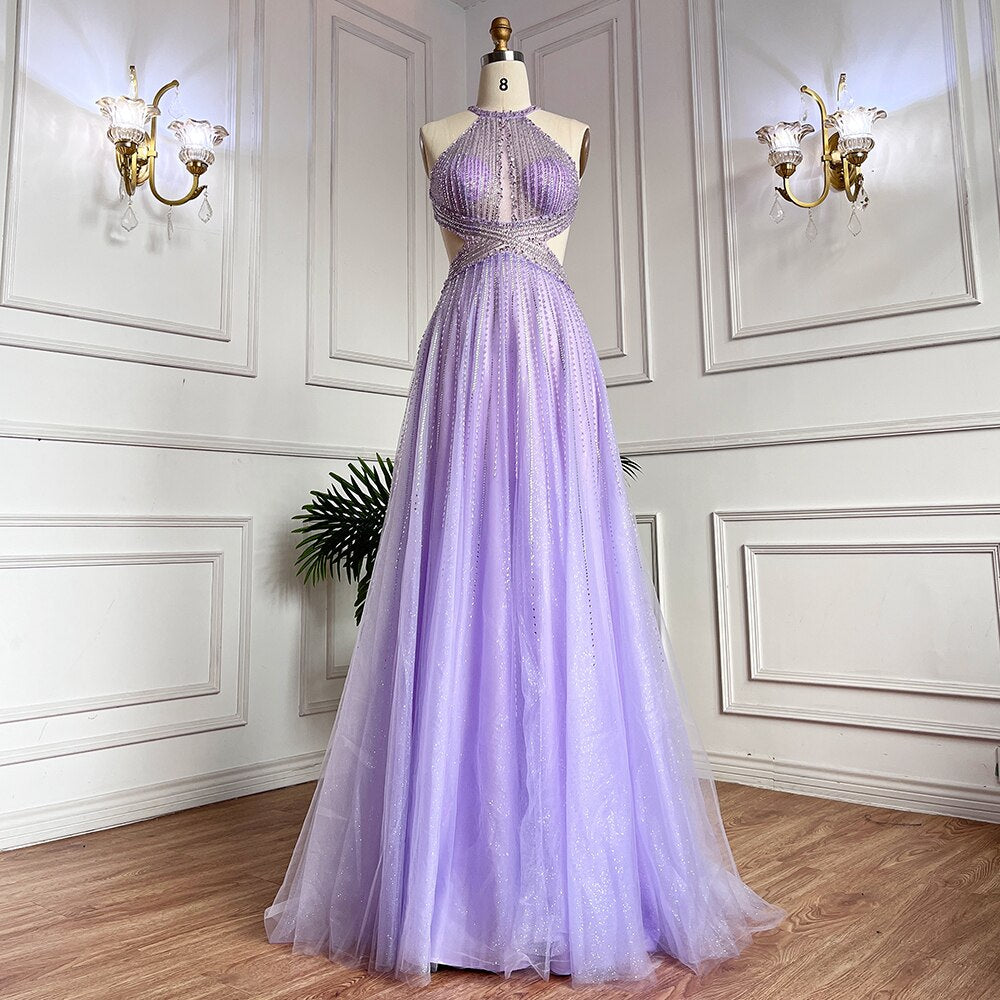 Serene Hill Blue Sexy A-Line 2025 Beaded Halter Graduation School Party Gown Celebrity Prom Dresses LA71882 - SERENE HILL