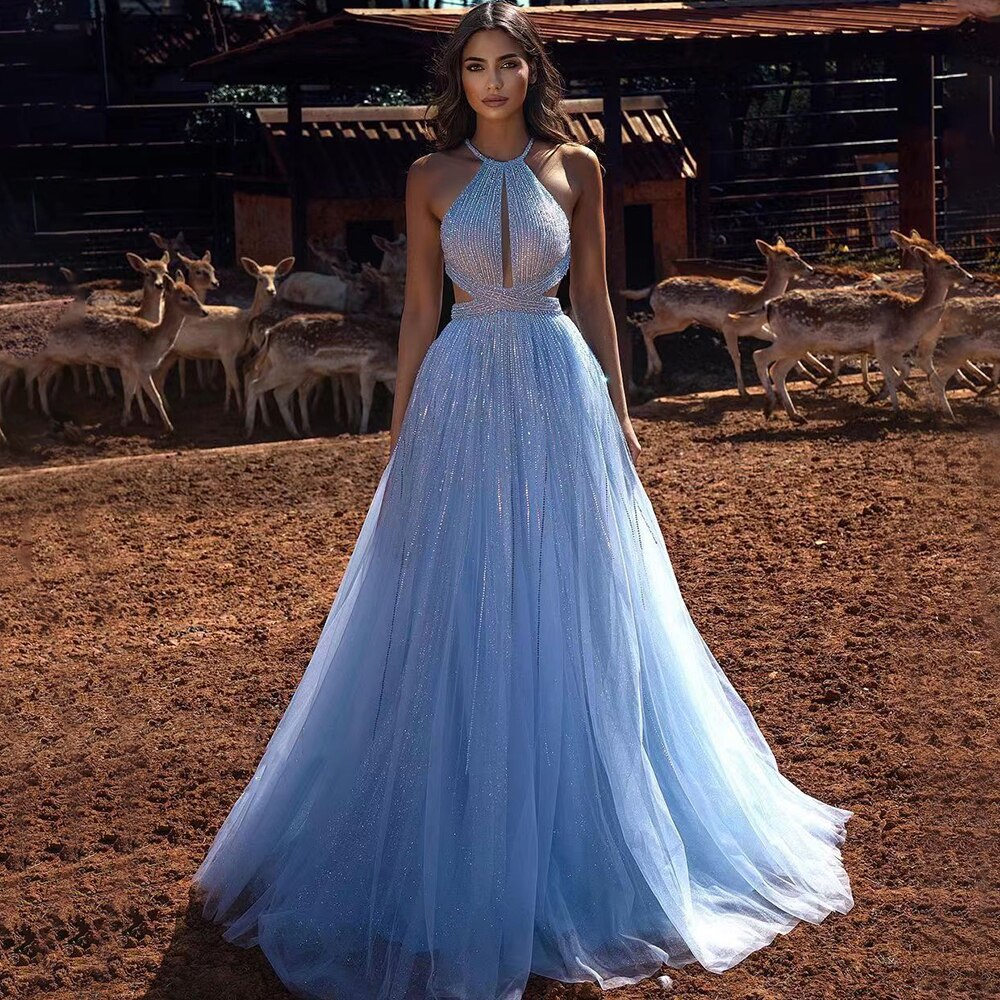 halter prom dress 2023 Serene Hill Blue Sexy A-Line 2025 Beaded Halter Graduation School Party Gown Celebrity Prom Dresses LA71882 Blue / 2