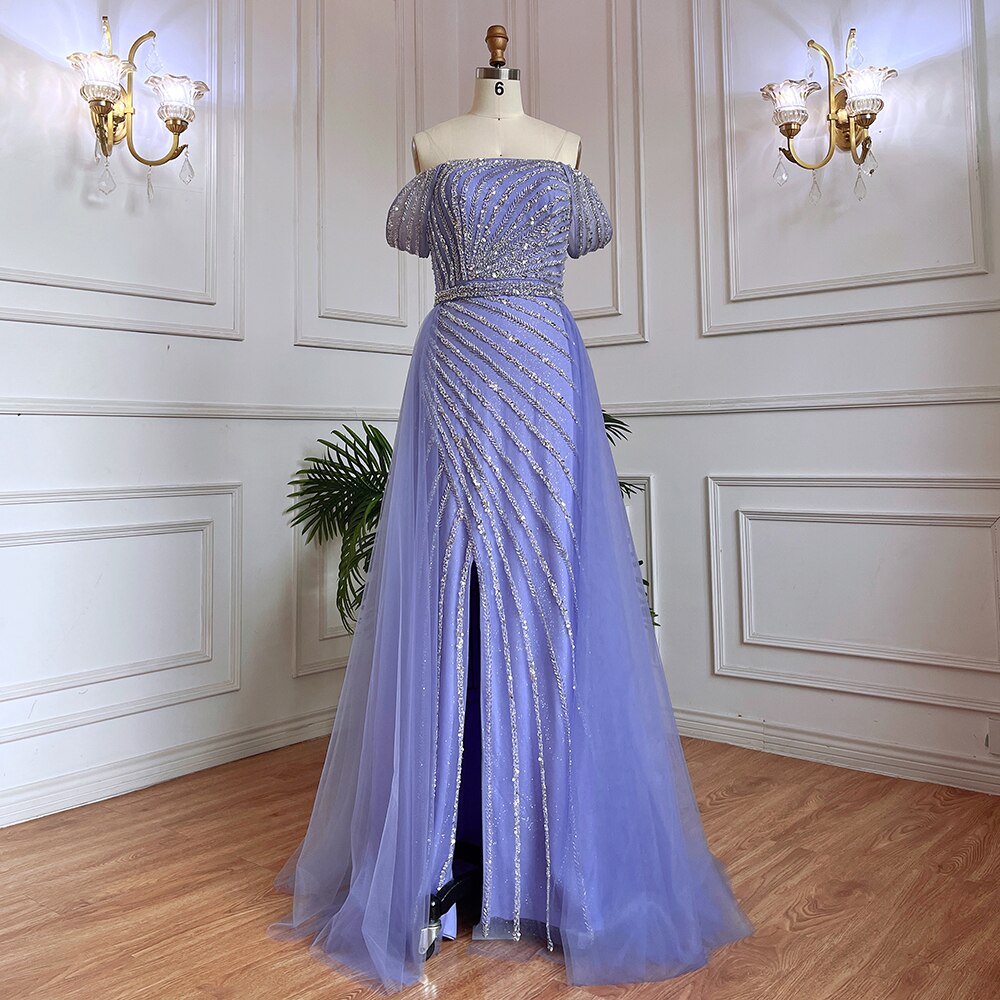 Serene Hill Blue Sexy Boat Neck Split Mermaid Elegant Beaded Arabic Evening Dresses Gowns For Woman Wedding Party 2025 LA71858 - SERENE HILL