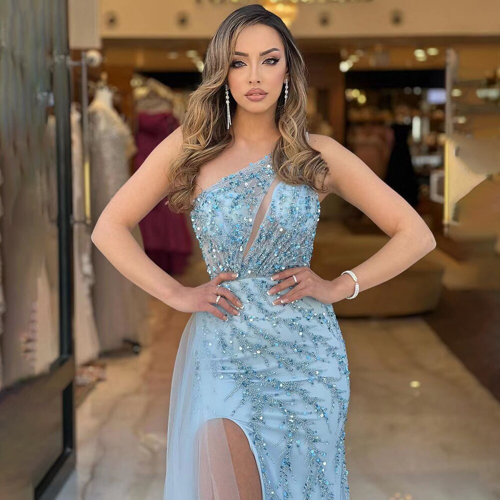 Serene Hill Blue Sexy One Shoulder Mermaid Elegant Beaded Arabic Evening Dresses Gowns For Woman Wedding Party 2025 LA71653B - SERENE HILL