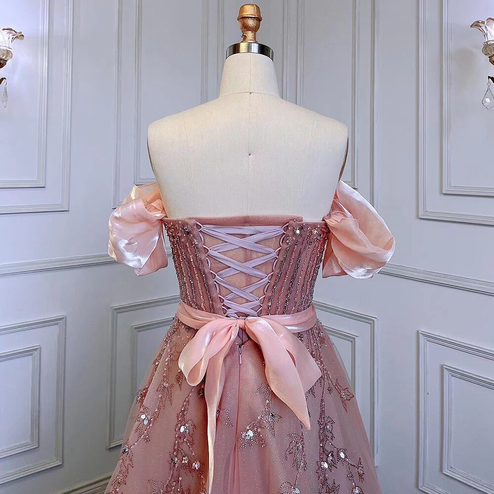 Serene Hill Blush Pink A-Line Sexy Off Shoulder Arabic Beading Crystal Luxury Evening Dress Women Formal Prom Dresse LA71745 - SERENE HILL