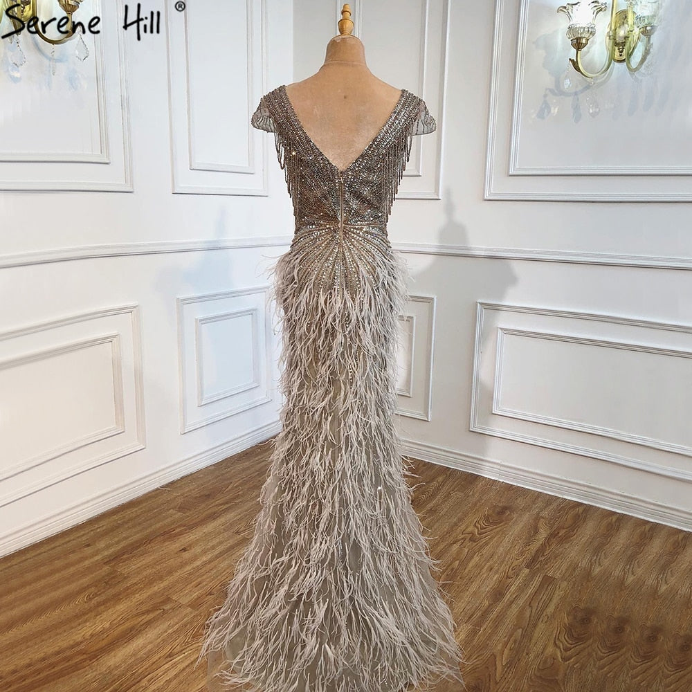Luxury Brown Mermaid Elegant Beaded Evening Dress Gown with Feathers LA70801 - SERENE HILL