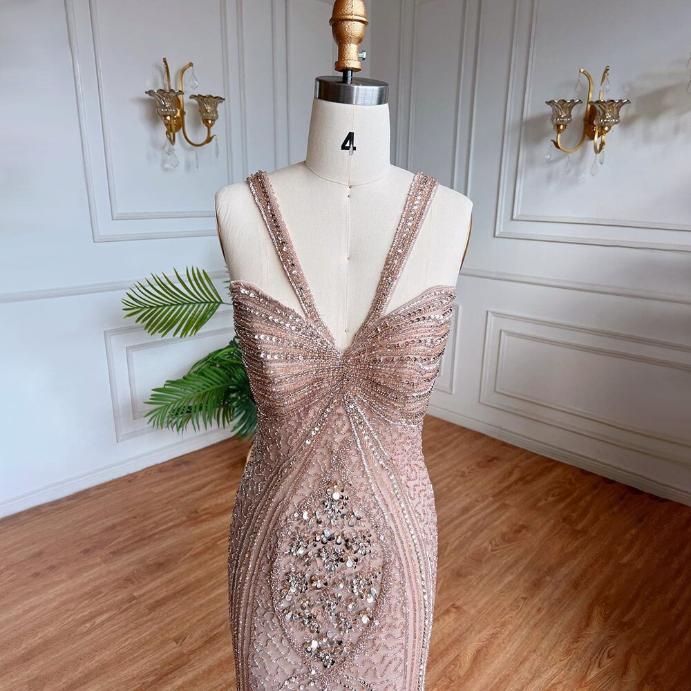 Serene Hill Caramel Mermaid Sexy Spaghetti Straps Beaded Luxury Evening Dresses Gowns For Woman Wedding Party 2025 LA71849 - SERENE HILL