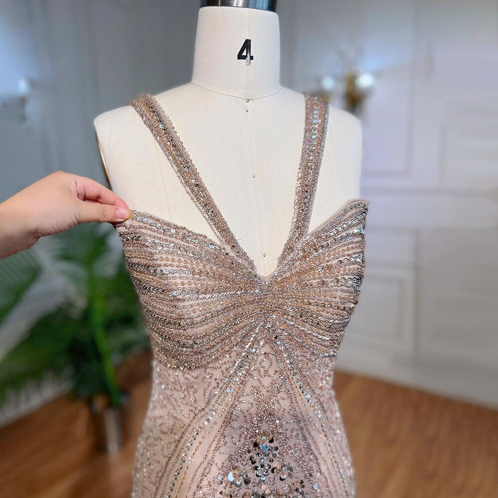 Serene Hill Caramel Mermaid Sexy Spaghetti Straps Beaded Luxury Evening Dresses Gowns For Woman Wedding Party 2025 LA71849 - SERENE HILL