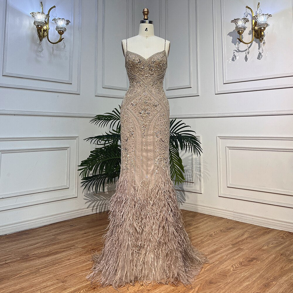 Luxury Feathers Champagne Evening Dresses for Wedding LA72025 - SERENE HILL