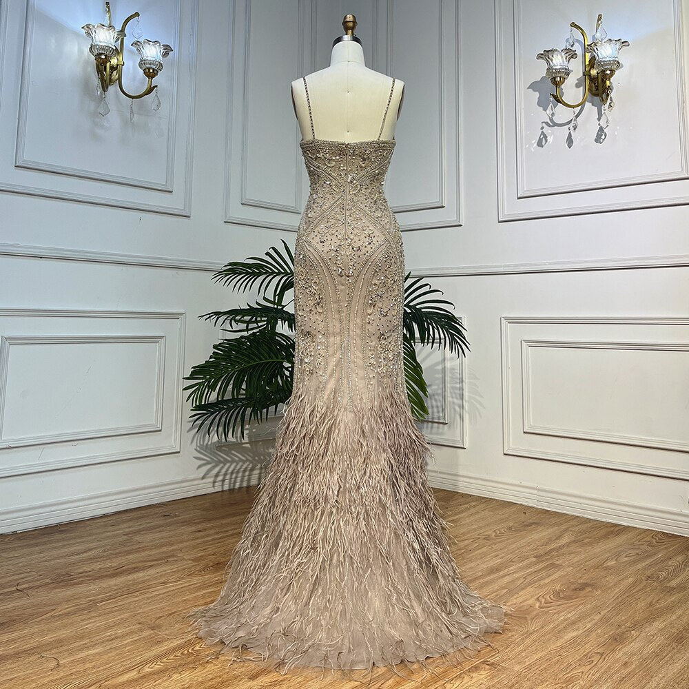 Luxury Feathers Champagne Evening Dresses for Wedding LA72025 - SERENE HILL