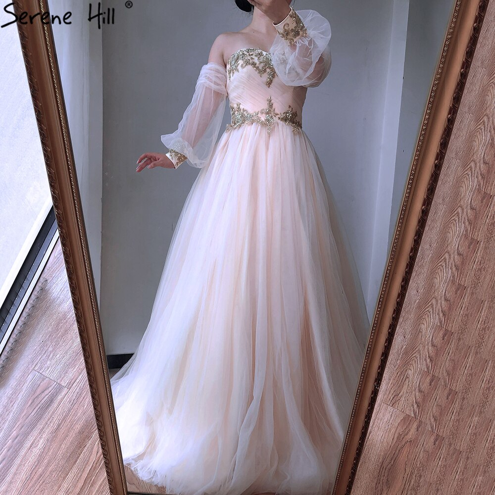 Serene Hill Champagne Lantern Sleeves Sexy Wedding Dresses 2025 Beading Photography Bridal Gowns HA2329 Custom Made - SERENE HILL
