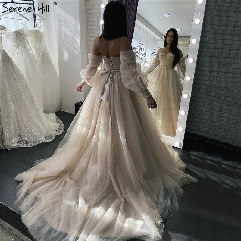Serene Hill Champagne Lantern Sleeves Sexy Wedding Dresses 2025 Beading Photography Bridal Gowns HA2329 Custom Made - SERENE HILL