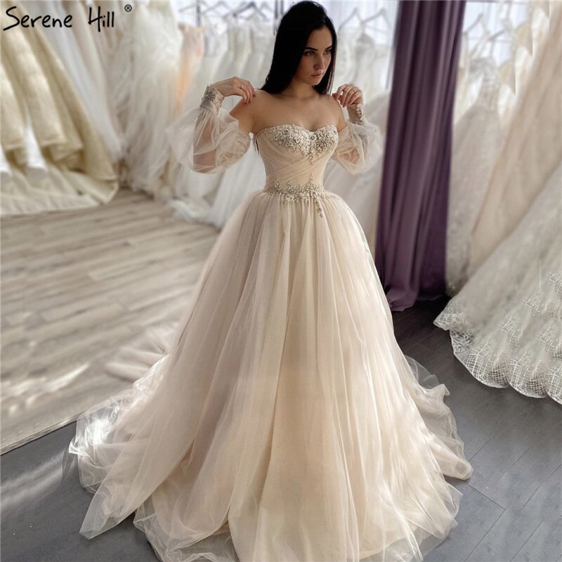 Serene Hill Champagne Lantern Sleeves Sexy Wedding Dresses 2025 Beading Photography Bridal Gowns HA2329 Custom Made - SERENE HILL
