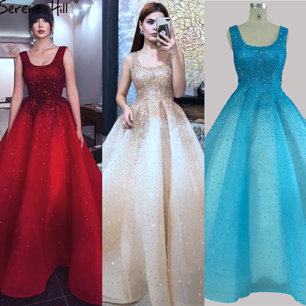 Serene Hill Champange A-Line Crystal Beaded Sexy Lace Up Luxury Dubai Evening Dresses Gowns For Women Wedding Party LA70232 - SERENE HILL