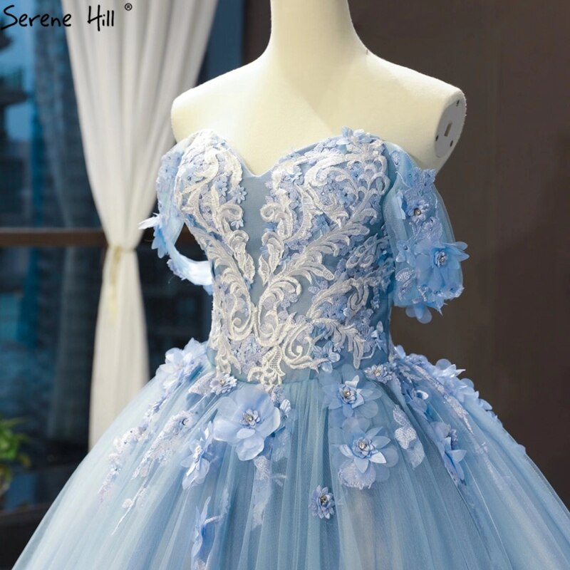Serene Hill Clear Water Blue Evening Gowns 2025 Sleeveless Handmade Flowers Diamonds Formal Dress HM66706 - SERENE HILL