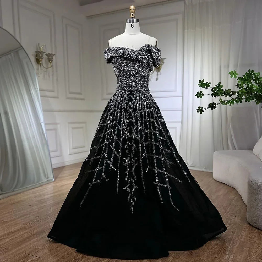 Serene Hill Elegant Black Beaded A-Line Evening Gown 2025 - Off-Shoulder Luxury Dress for Women - Long Party Dress LA72224 - SERENE HILL