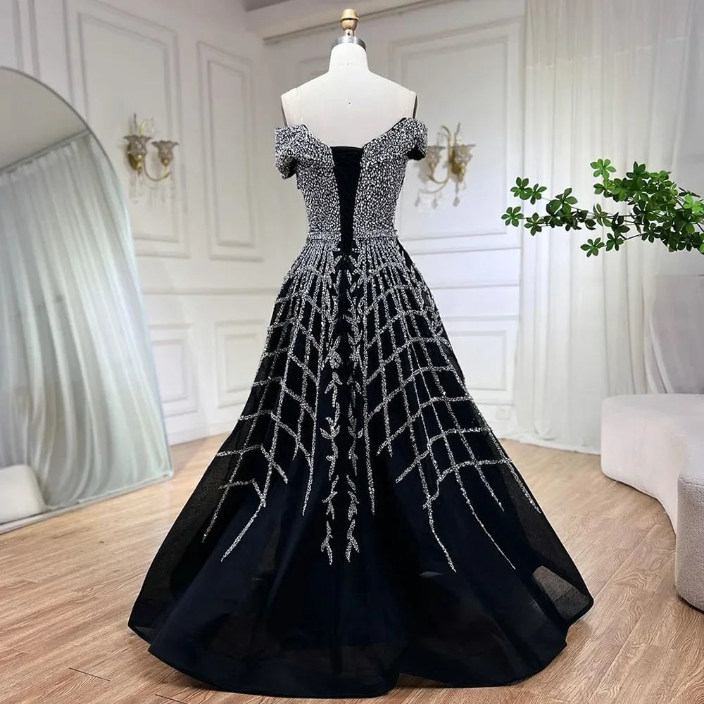 Serene Hill Elegant Black Beaded A-Line Evening Gown 2025 - Off-Shoulder Luxury Dress for Women - Long Party Dress LA72224 - SERENE HILL