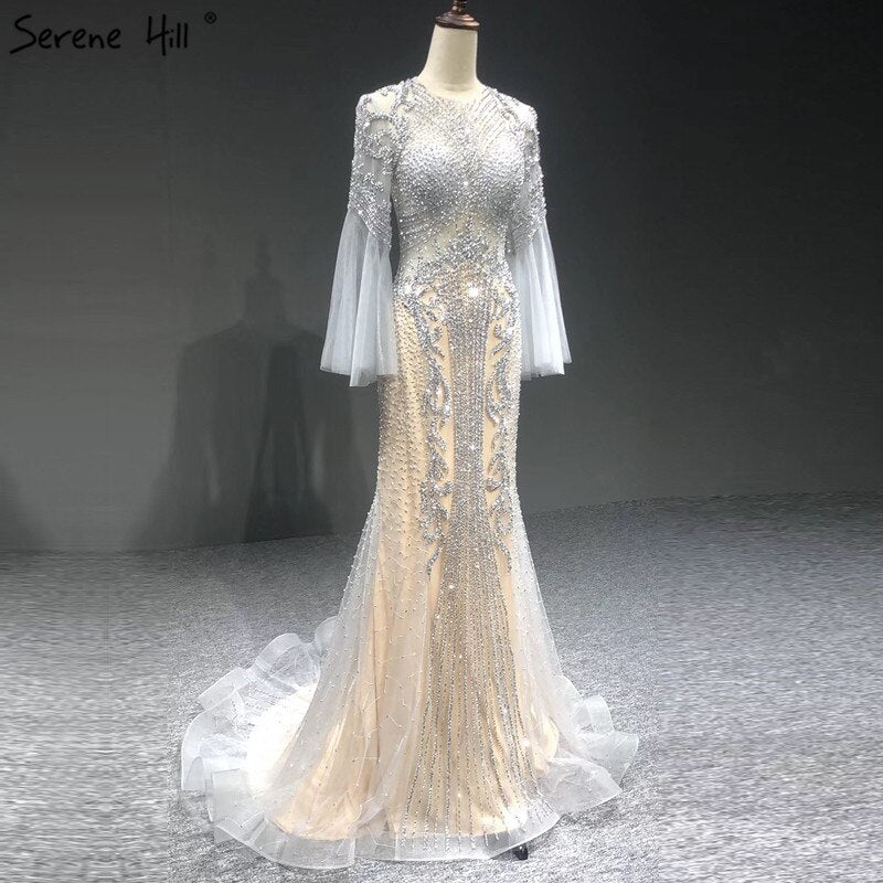 Serene Hill Elegant Grey Mermaid Luxury Long Sleeves 2025 Beading Party Wear Fromal Evening Dress Gowns For Women LA70289 - SERENE HILL