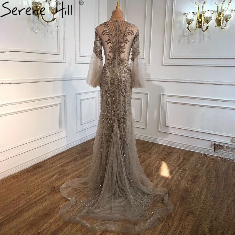 Serene Hill Elegant Grey Mermaid Luxury Long Sleeves 2025 Beading Party Wear Fromal Evening Dress Gowns For Women LA70289 - SERENE HILL