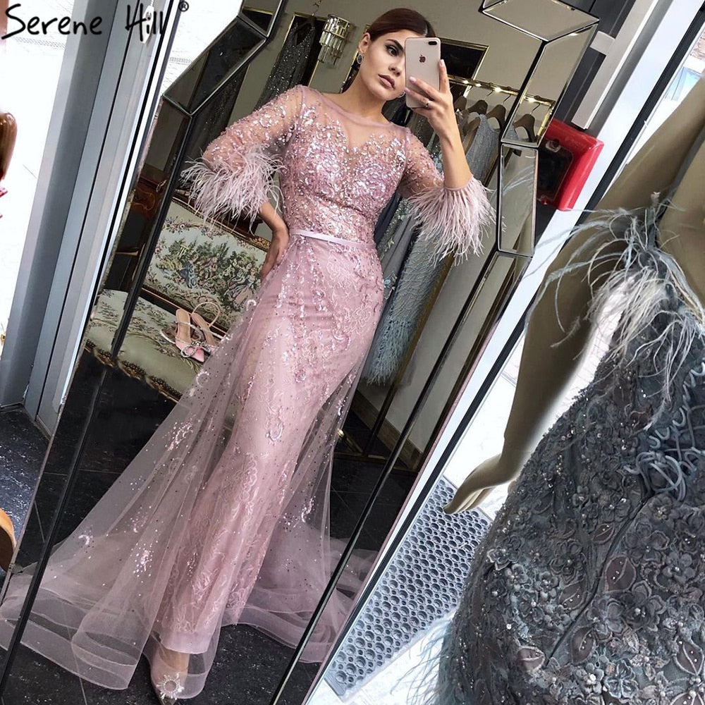 Serene Hill Evening Dress Long Wine Red Mermaid Dress Beaded Feathers With Cloak Party Gown Women Party LA70827 - SERENE HILL