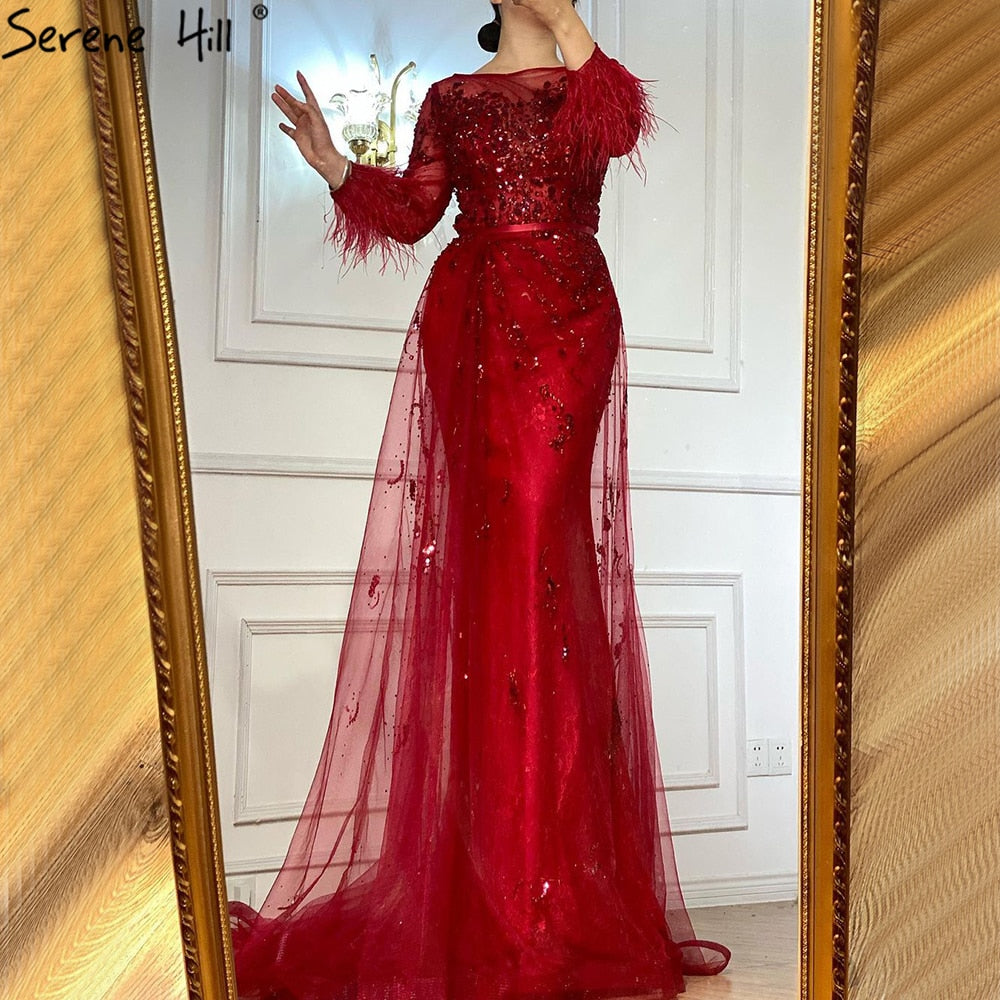 Serene Hill Evening Dress Long Wine Red Mermaid Dress Beaded Feathers With Cloak Party Gown Women Party LA70827 - SERENE HILL