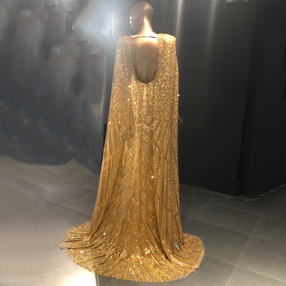 Serene Hill Gold A-Line Cape Sleeve Evening Dresses Gowns 2025 Beaded Elegant Luxury For Women Party LA71670 - SERENE HILL