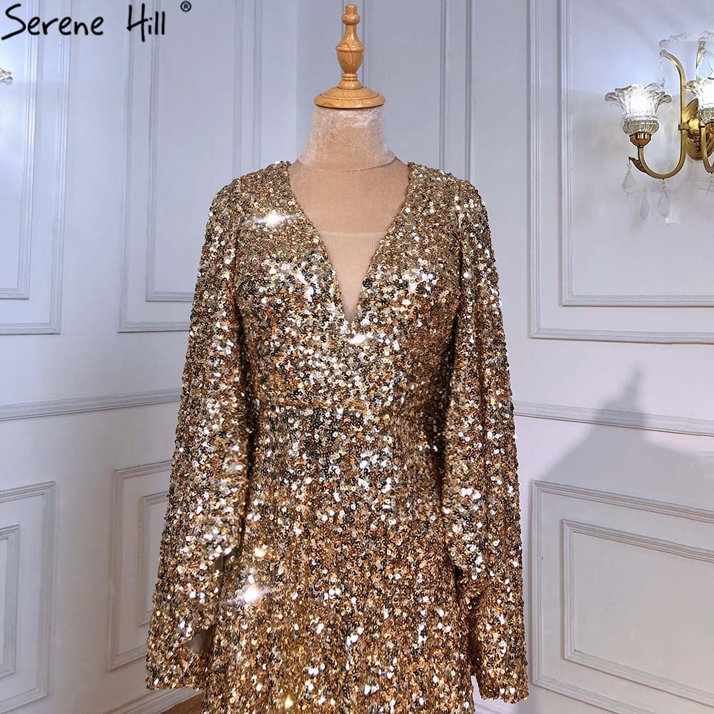 Serene Hill Gold A-Line High Split Evening Dresses Gowns 2025 Luxury Flare Sleeve For Woman Wedding Party LA71395 - SERENE HILL