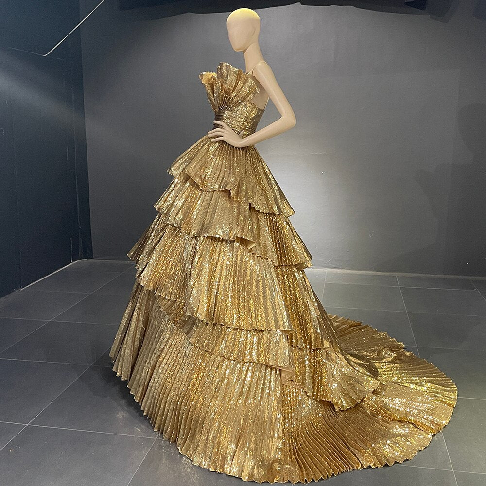 Serene Hill Gold A-Line Ruffles Scalloped Neck Evening Dresses Gowns Luxury 2025 For Women Party Couture LA71753 - SERENE HILL