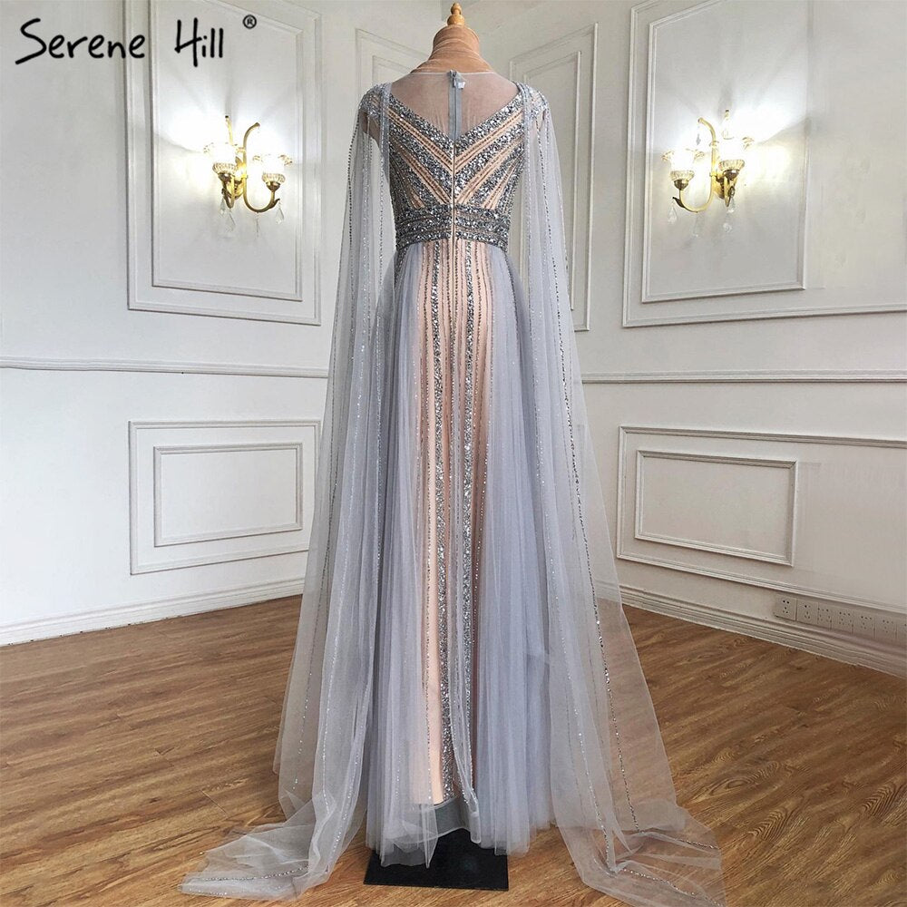 Serene Hill Gold Cape Sleeves A-Line Evening Dresses Gowns 2025 Luxury Beaded For Women Party LA71315 - SERENE HILL