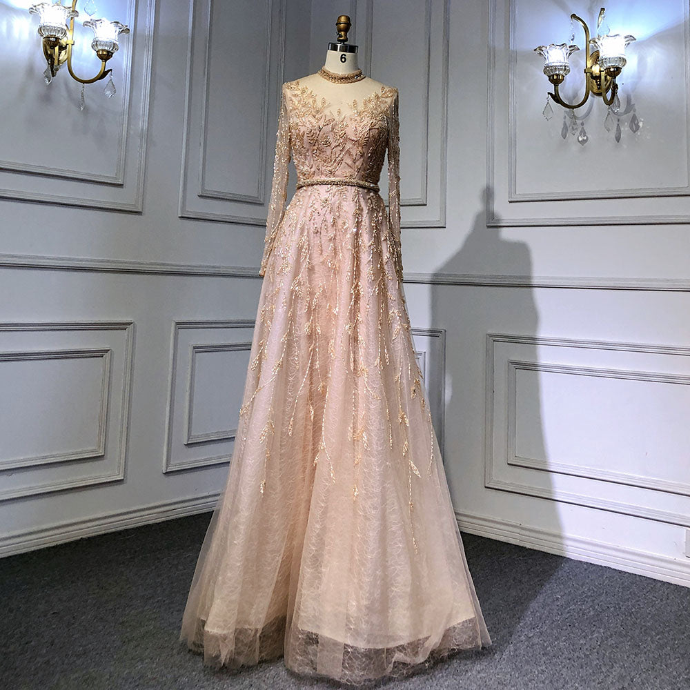 Serene Hill Gold Luxury A-Line Evening O-Neck Dresses Gowns 2025 Beading Spaghetti Strap Sexy For Women Party LA71378L - SERENE HILL